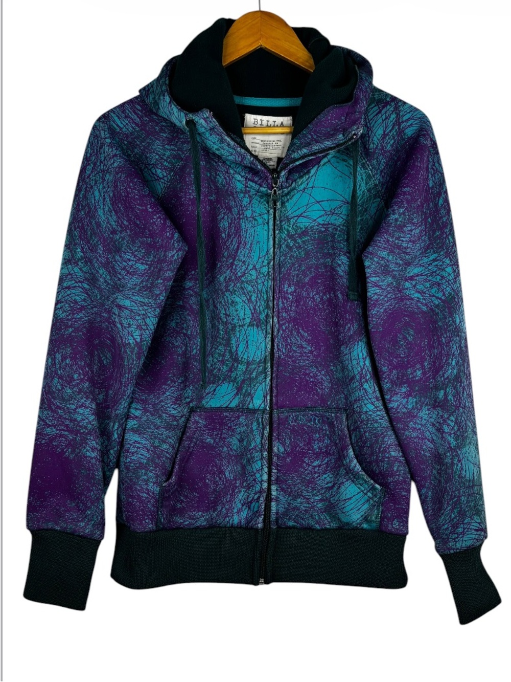Billabong Purple Green Full Zip Scribble Pattern Fleece Lined 2 Pocket Hoodie L